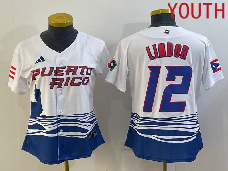 Youth 2023 World Cub Puerto Rico #12 Lindor White MLB Jersey1